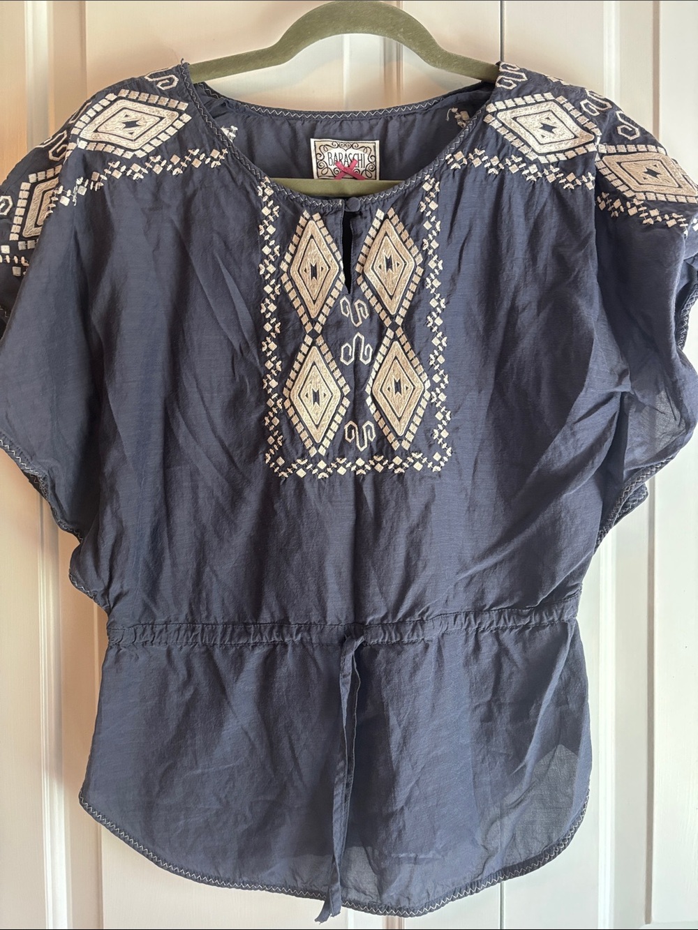 Baraschi XS Navy Peasant Tunic with Cream Geometric Embroidery